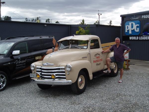Peter Green with the Two Paddocks Winery 1948 Chevrolet Thriftmaster, and the Vincent Holdings 2010 Toyota Landcruiser VX Limited